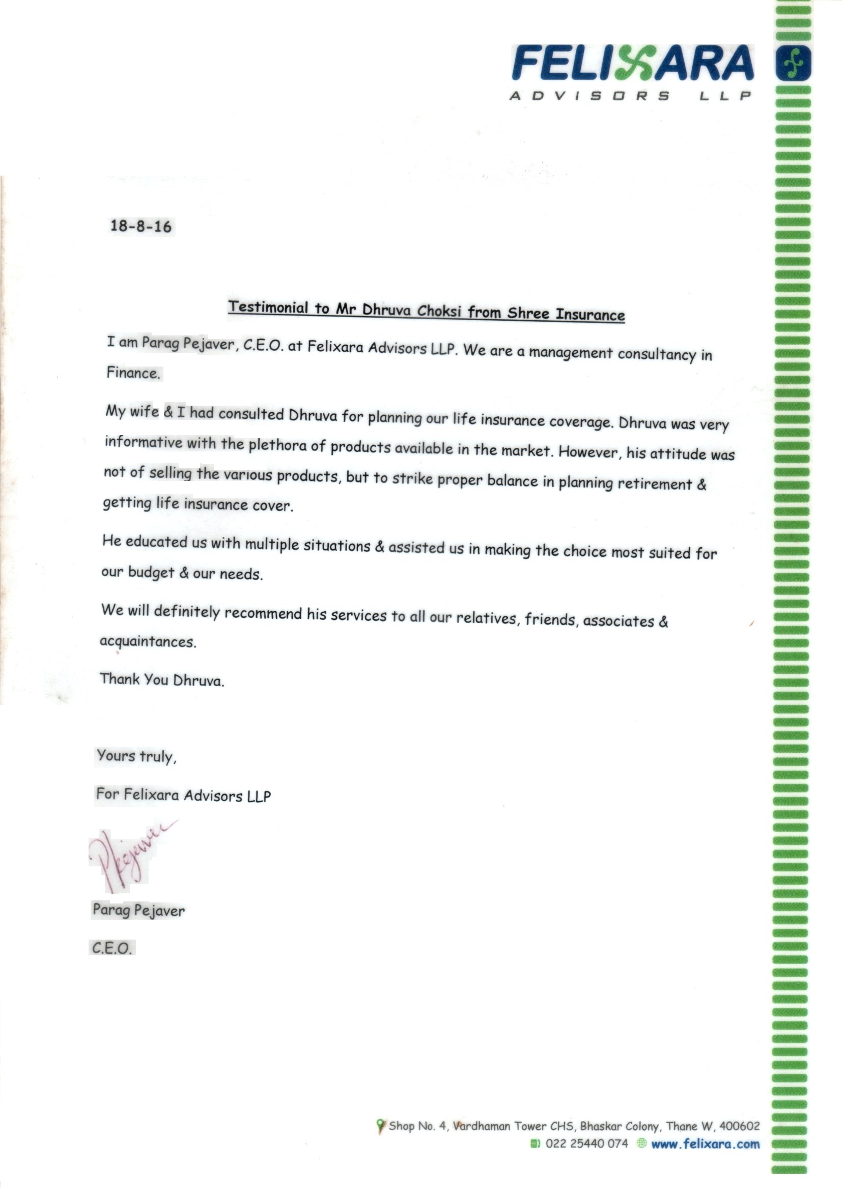Testimonial letter from Parag Pejaver, Felixara Advisors LLP
